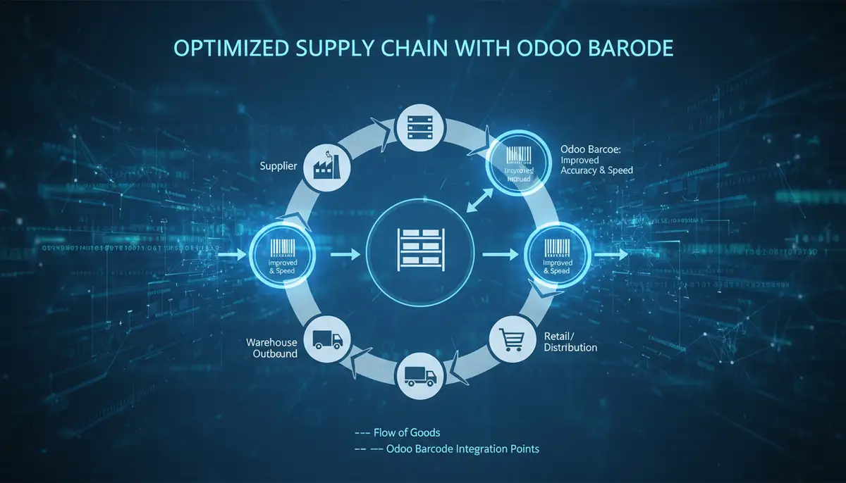 An infographic illustrating the flow of goods in a supply chain, highlighting points where barcode Odoo improves accuracy and speed, with digital overlay.