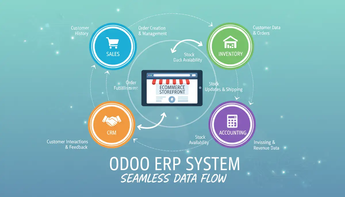 An infographic illustrating the interconnected modules of an Odoo ERP system (Sales, Inventory, CRM, Accounting) seamlessly supporting an ecommerce storefront, with data flowing smoothly.
