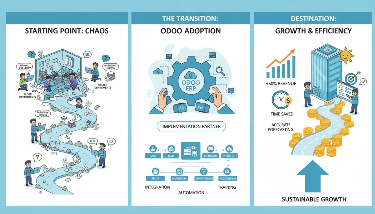 An infographic illustrating the journey of a small business adopting Odoo ERP, showing initial challenges transforming into streamlined processes and significant growth.