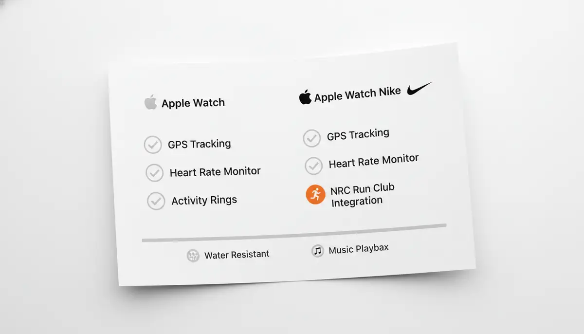 An infographic illustrating the key differences in fitness tracking features between the Apple Watch and Apple Watch Nike, showing data points like GPS, heart rate, and NRC integration., high-quality photography, professional lighting, sharp focus, realistic, detailed