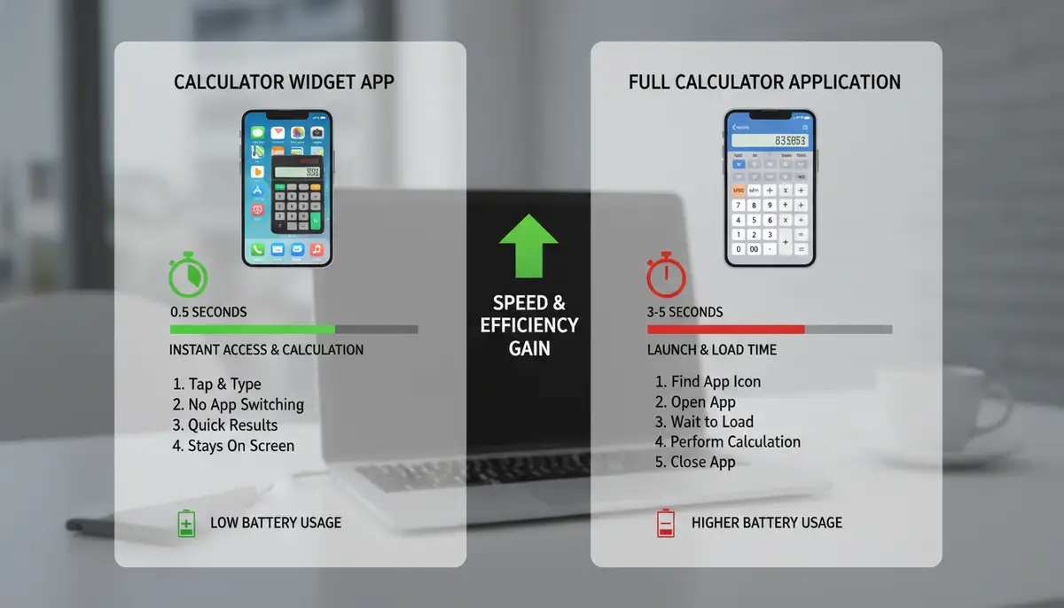 An infographic illustrating the speed and efficiency benefits of using a calculator widget app compared to opening a full calculator application., high-quality photography, professional lighting, sharp focus, realistic, detailed