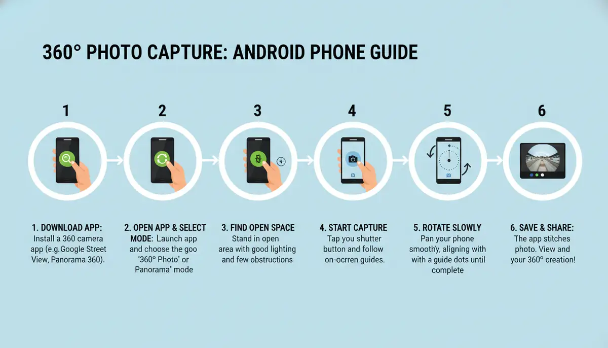 An infographic illustrating the step-by-step process of capturing a 360-degree image using an Android phone and an app, with clear icons and instructions., high-quality photography, professional lighting, sharp focus, realistic, detailed