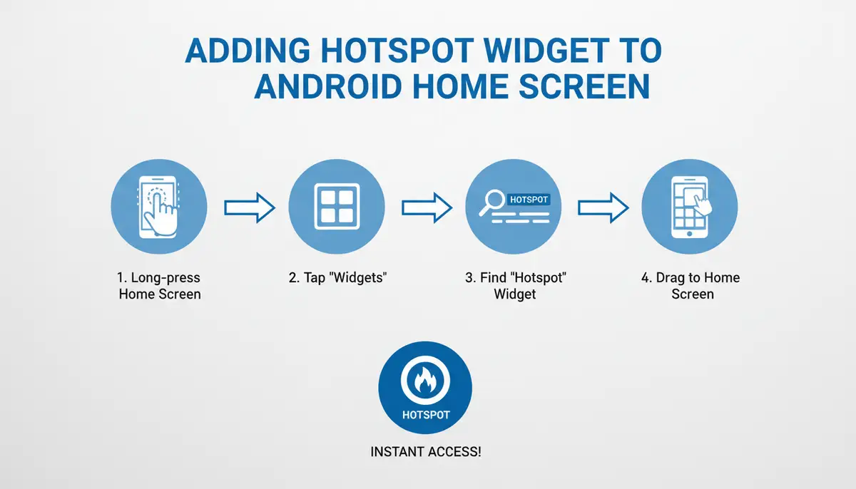 An infographic illustrating the steps to add a hotspot widget to an Android home screen, with clear icons and arrows., high-quality photography, professional lighting, sharp focus, realistic, detailed