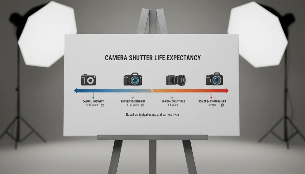 An infographic illustrating the typical shutter life expectancy for different camera usage levels, with a timeline and camera icons., high-quality photography, professional lighting, sharp focus, realistic, detailed