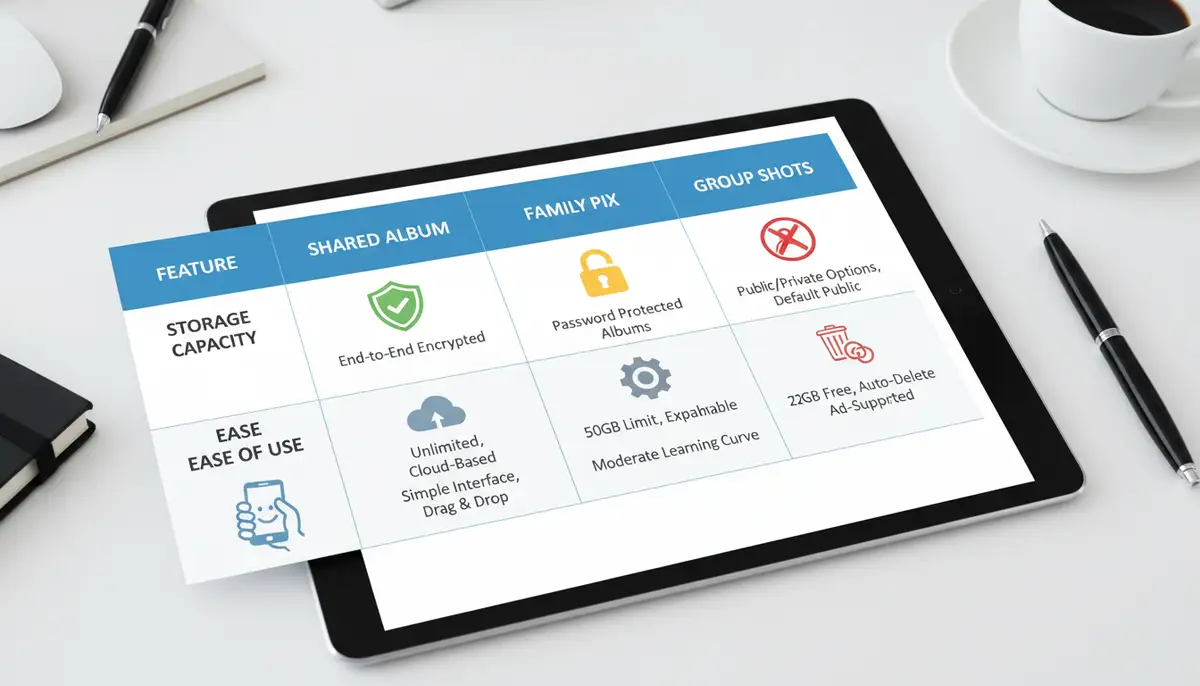 An infographic showing a comparison of features for different group photo sharing apps, highlighting privacy, storage, and ease of use with clear icons., high-quality photography, professional lighting, sharp focus, realistic, detailed