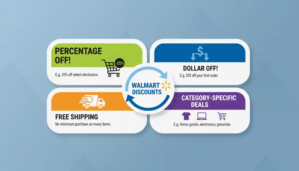 An infographic showing different types of Walmart discounts: percentage off, dollar off, free shipping, and category-specific deals, clean design., high-quality photography, professional lighting, sharp focus, realistic, detailed