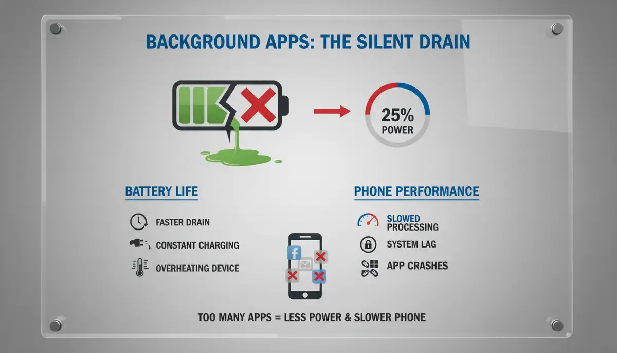 An infographic showing the impact of too many background apps on battery life and phone performance, with a battery icon draining quickly., high-quality photography, professional lighting, sharp focus, realistic, detailed