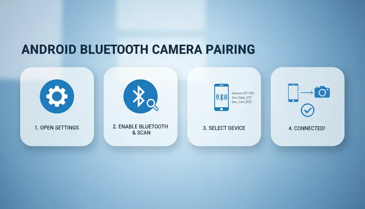 An infographic showing the steps to pair an Android phone with a Bluetooth camera, with icons for settings, Bluetooth icon, and a camera icon., high-quality photography, professional lighting, sharp focus, realistic, detailed