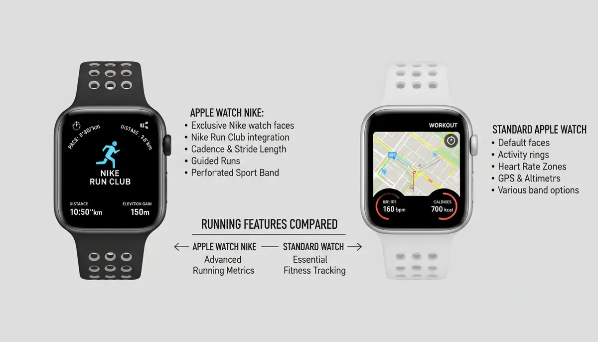 An infographic style image comparing key features of the Apple Watch Nike with a standard Apple Watch, focusing on running-specific metrics and design elements., high-quality photography, professional lighting, sharp focus, realistic, detailed