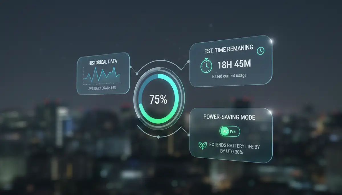 An infographic style image illustrating advanced battery widget features like historical data tracking, estimated time remaining, and power-saving mode activation, with clear icons and data visualizations., high-quality photography, professional lighting, sharp focus, realistic, detailed