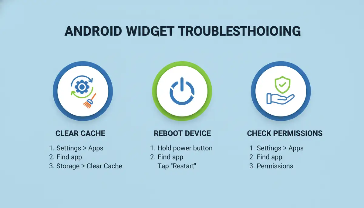 An infographic style image illustrating common troubleshooting steps for Android widgets, with icons for 'clear cache,' 'reboot,' and 'check permissions,' presented clearly and concisely., high-quality photography, professional lighting, sharp focus, realistic, detailed
