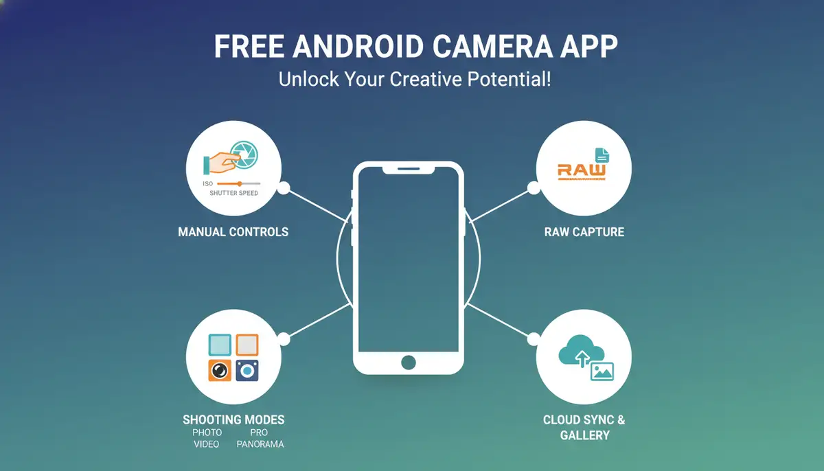 An infographic style image illustrating key features of a free Android camera application, such as manual controls (ISO, shutter speed), RAW capture, and various shooting modes, with icons and clear labels., high-quality photography, professional lighting, sharp focus, realistic, detailed