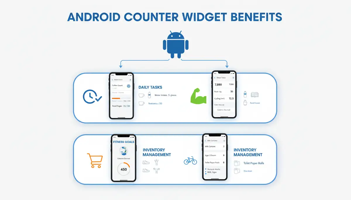 An infographic style image illustrating the benefits of using an Android counter widget for daily tasks, fitness goals, and inventory management, with small illustrative icons., high-quality photography, professional lighting, sharp focus, realistic, detailed