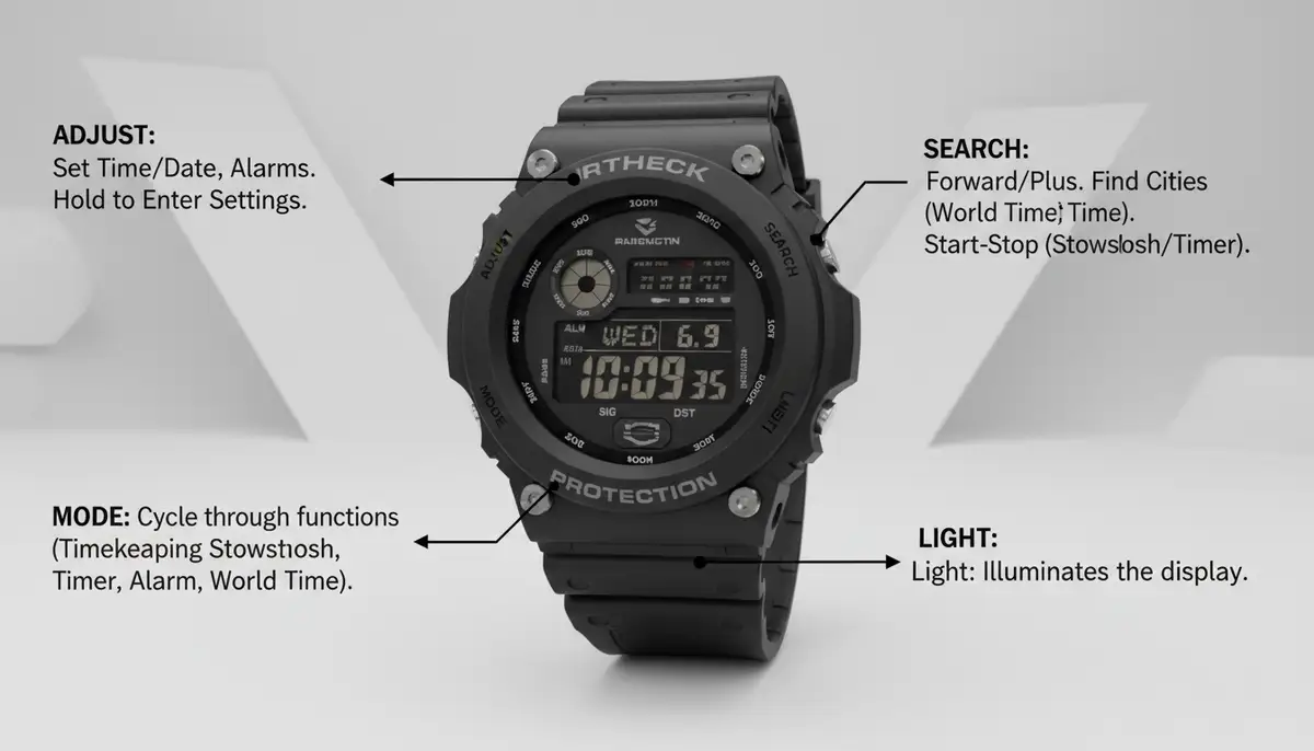 An infographic style image illustrating the different buttons on a generic G-Shock watch (Adjust, Mode, Search, Light) and their typical functions., high-quality photography, professional lighting, sharp focus, realistic, detailed