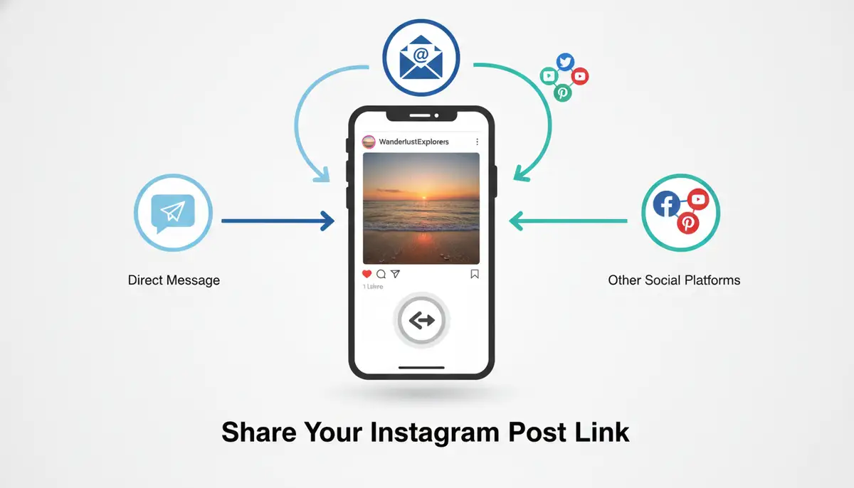An infographic style image illustrating the different methods of sharing an Instagram post link, including direct message, email, and other social platforms., high-quality photography, professional lighting, sharp focus, realistic, detailed