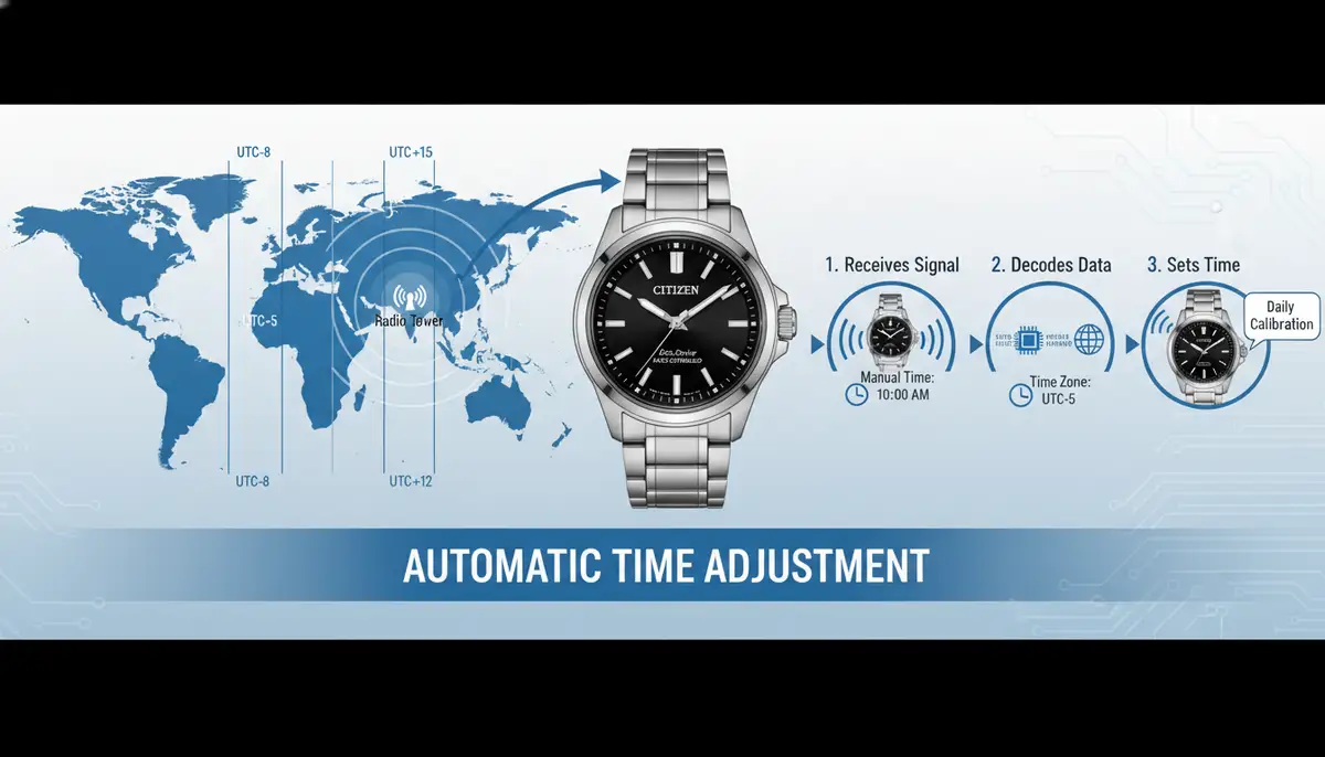 An infographic style image illustrating the different time zones and how a radio-controlled Citizen Eco-Drive watch automatically adjusts to them., high-quality photography, professional lighting, sharp focus, realistic, detailed