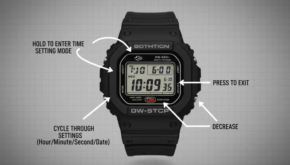 An infographic style image illustrating the typical button layout of a G-SHOCK watch, with arrows indicating button functions for time setting., high-quality photography, professional lighting, sharp focus, realistic, detailed