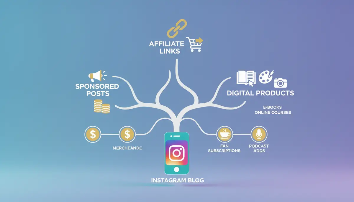 An infographic style image showing different monetization methods for an Instagram blog, such as sponsored posts, affiliate links, and digital products, with icons for each., high-quality photography, professional lighting, sharp focus, realistic, detailed