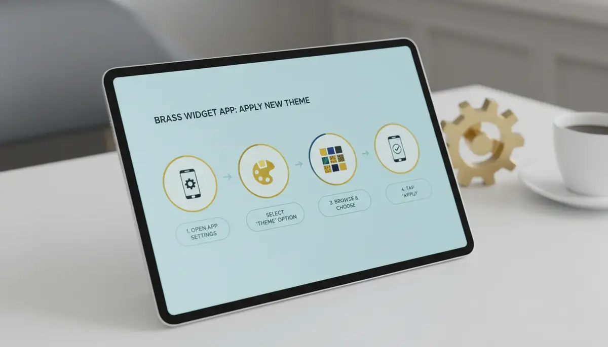 An infographic-style image illustrating the steps to apply a new theme using the Brass Widget App, with arrows and simple icons guiding the process., high-quality photography, professional lighting, sharp focus, realistic, detailed