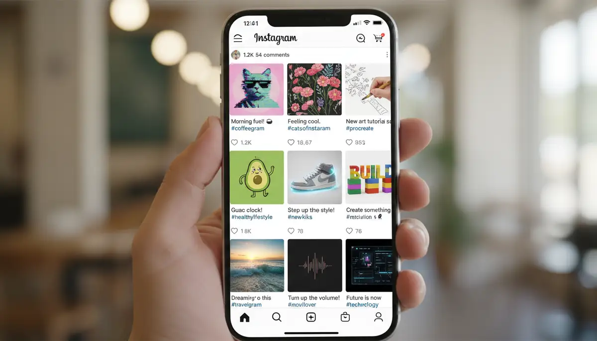 An Instagram feed displaying multiple engaging GIFs, demonstrating various styles and uses, with likes and comments visible, showcasing successful GIF integration., high-quality photography, professional lighting, sharp focus, realistic, detailed