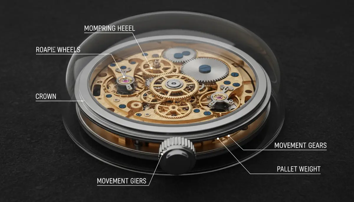 An intricate diagram illustrating the internal mechanisms of an automatic analog watch, highlighting the crown and movement gears., high-quality photography, professional lighting, sharp focus, realistic, detailed