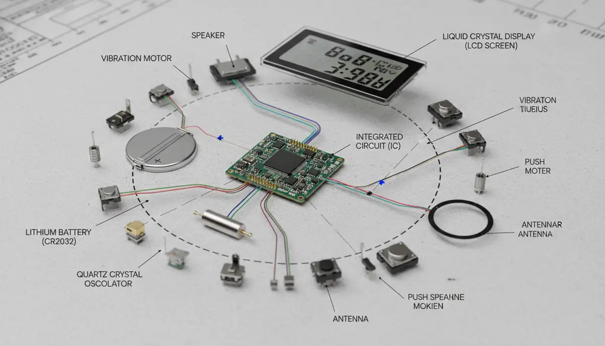 An intricate diagram showing the internal components of a digital watch, including the battery, quartz crystal, integrated circuit, and LCD screen, with clear labels and connections., high-quality photography, professional lighting, sharp focus, realistic, detailed