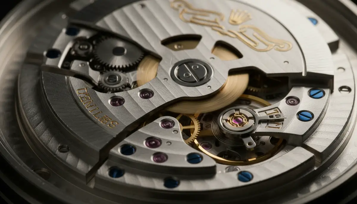 An intricate internal mechanism of a Rolex movement, showcasing gears and springs, implying precision and craftsmanship., high-quality photography, professional lighting, sharp focus, realistic, detailed