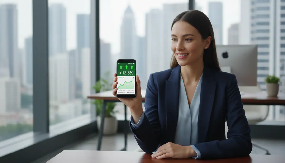 An investor looking confidently at their Android phone with a stock widget prominently displayed, showing positive portfolio performance. The setting is a modern, light-filled office., high-quality photography, professional lighting, sharp focus, realistic, detailed