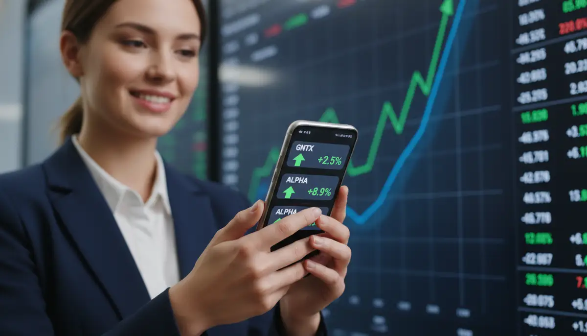An investor looking confidently at their Android phone with a stock widget showing positive gains, a subtle background of financial graphs and market activity., high-quality photography, professional lighting, sharp focus, realistic, detailed