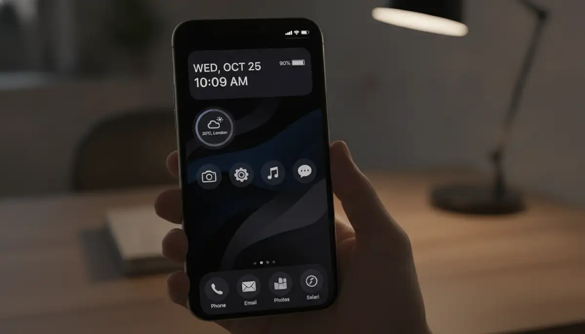 An iPhone displaying a minimalist, dark mode-optimized wallpaper, showcasing widgets and app icons for a clean home screen., high-quality photography, professional lighting, sharp focus, realistic, detailed