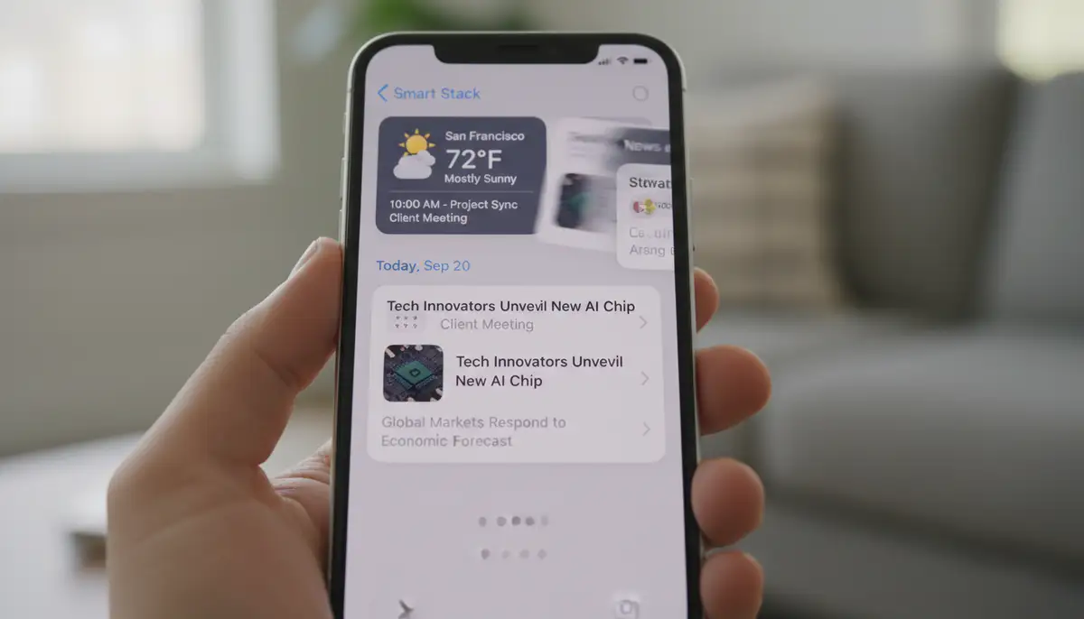 An iPhone displaying a Smart Stack of widgets, cycling through weather, calendar, and news, demonstrating dynamic information delivery., high-quality photography, professional lighting, sharp focus, realistic, detailed