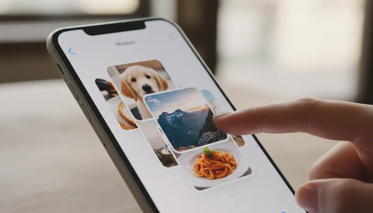 An iPhone displaying a stack of photo widgets, with a finger swiping through them, illustrating the dynamic nature of widget stacks., high-quality photography, professional lighting, sharp focus, realistic, detailed