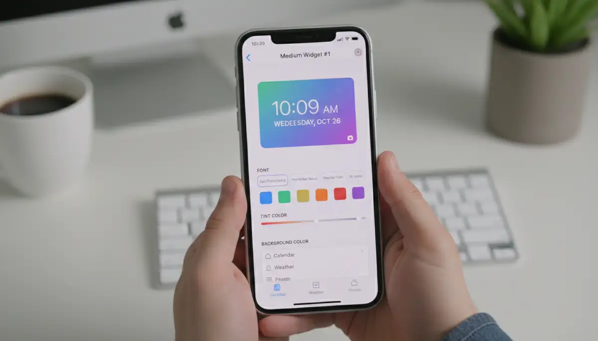 An iPhone displaying the Widgetsmith app interface, showing options for customizing a medium-sized widget with different fonts, colors, and data sources., high-quality photography, professional lighting, sharp focus, realistic, detailed