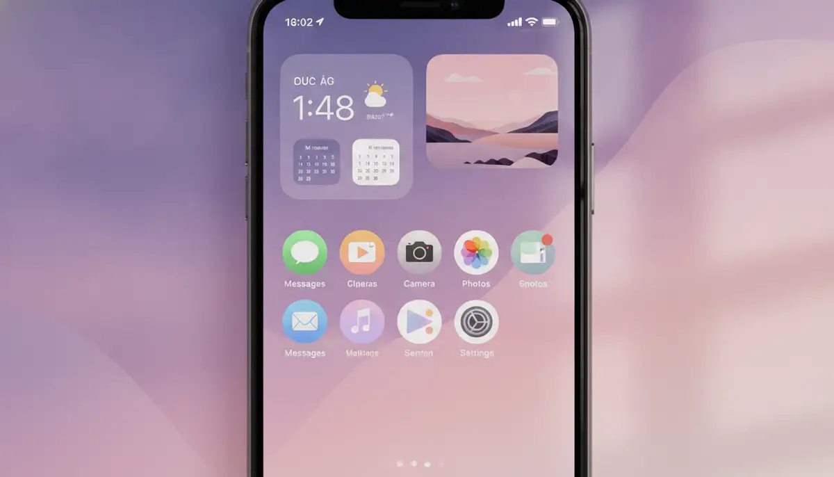 An iPhone home screen featuring a completely hidden dock, showcasing a clean, uncluttered interface with custom widgets and icons., high-quality photography, professional lighting, sharp focus, realistic, detailed