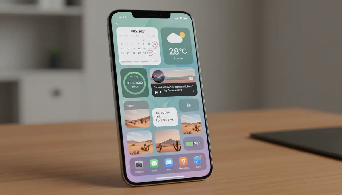 An iPhone home screen filled with aesthetically pleasing and functional widgets, showcasing different sizes and data types., high-quality photography, professional lighting, sharp focus, realistic, detailed
