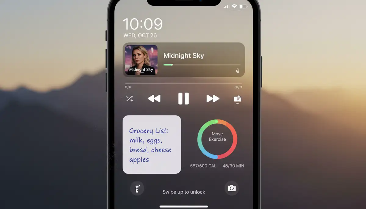 An iPhone lock screen displaying interactive widgets like a music player, quick notes, and activity rings, demonstrating immediate access to information without unlocking., high-quality photography, professional lighting, sharp focus, realistic, detailed