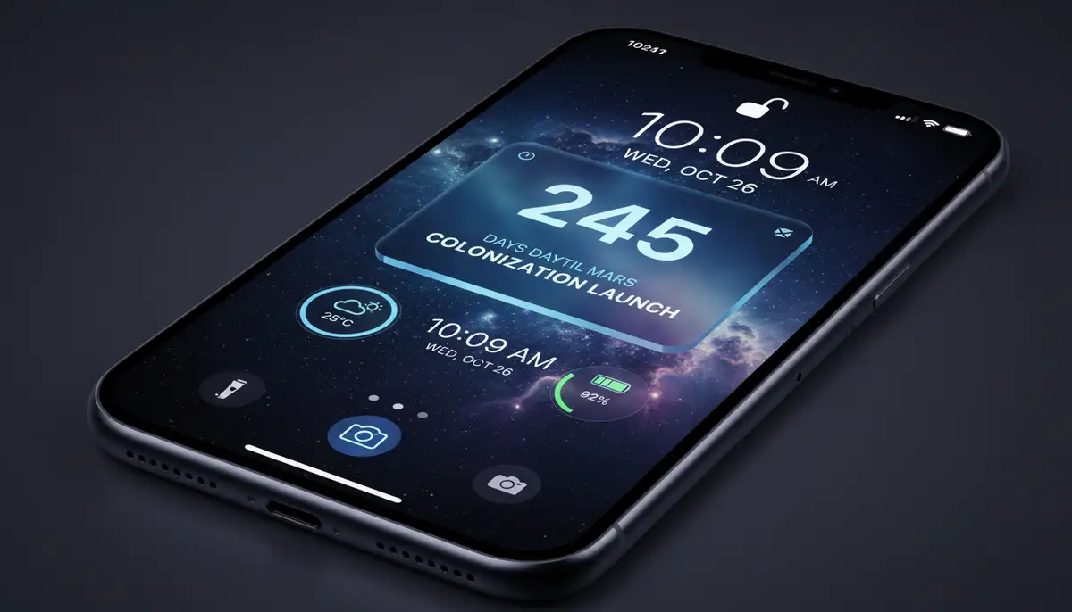 An iPhone Lock Screen in 2025 featuring a prominent countdown widget, reminding the user of an important upcoming event, with a futuristic and clean aesthetic., high-quality photography, professional lighting, sharp focus, realistic, detailed