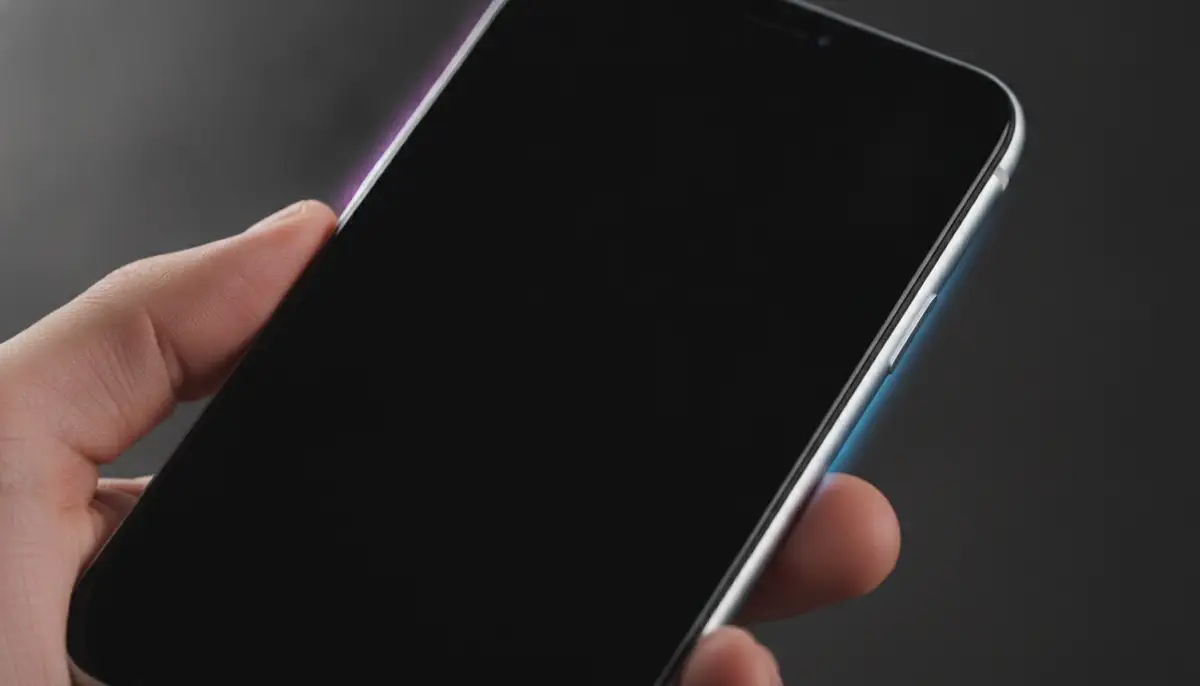 An iPhone screen displaying a completely black wallpaper with a subtle glow around the edges, suggesting a sleek, modern aesthetic or a mysterious problem., high-quality photography, professional lighting, sharp focus, realistic, detailed