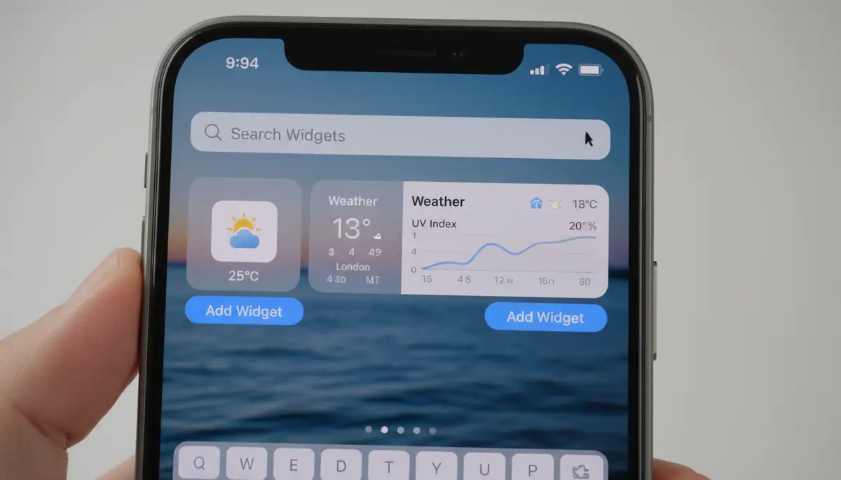 An iPhone screen displaying the 'Add Widgets' search interface, with a user typing 'Weather' into the search bar, showing different widget sizes for selection., high-quality photography, professional lighting, sharp focus, realistic, detailed