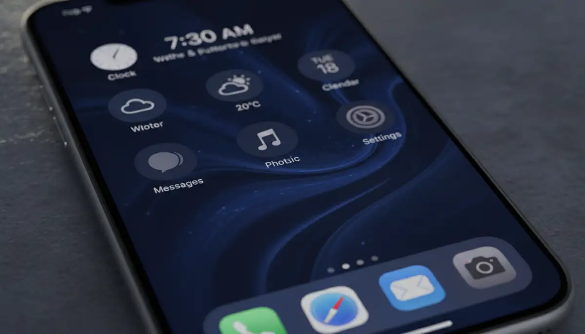 An iPhone screen showing a live dark navy blue wallpaper with gentle, flowing animations, surrounded by matching app icons and widgets., high-quality photography, professional lighting, sharp focus, realistic, detailed