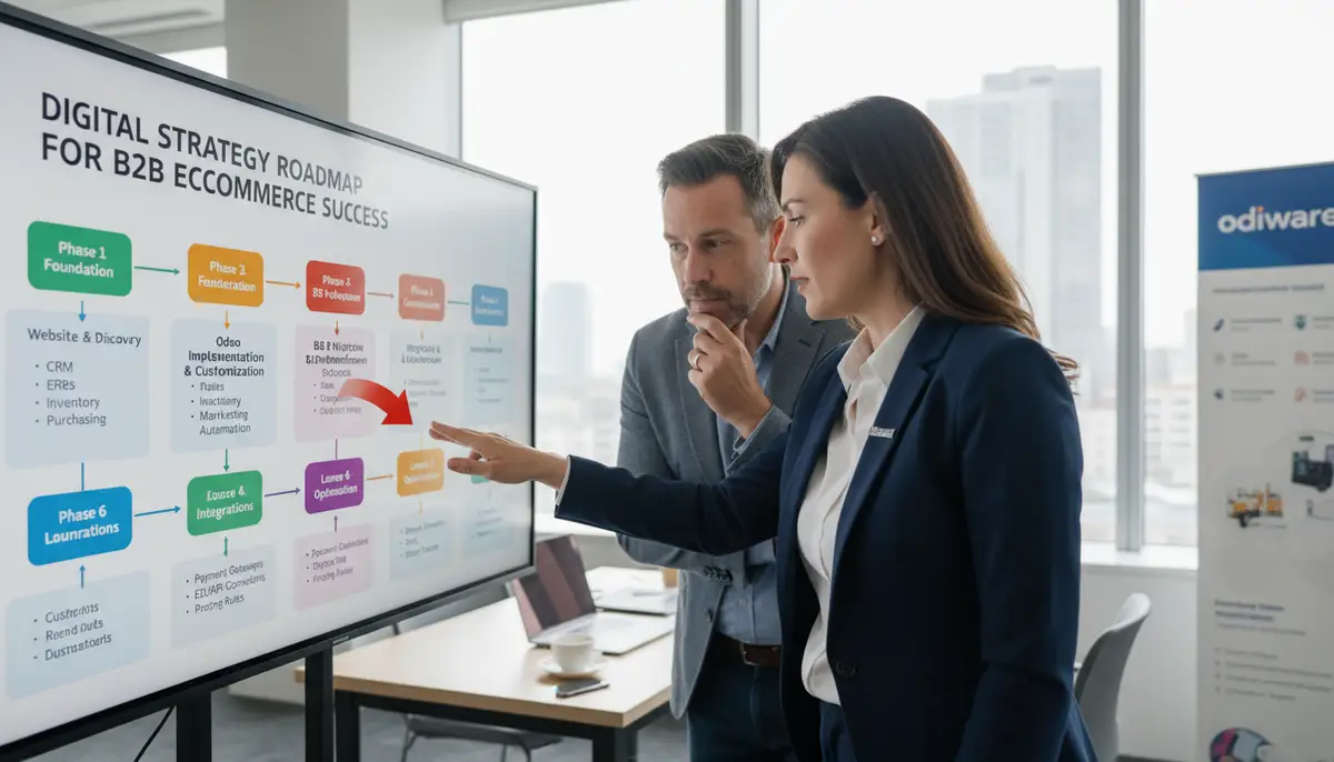 An Odoo consultant from Odiware advising a business owner, pointing to a digital strategy roadmap for B2B ecommerce success.