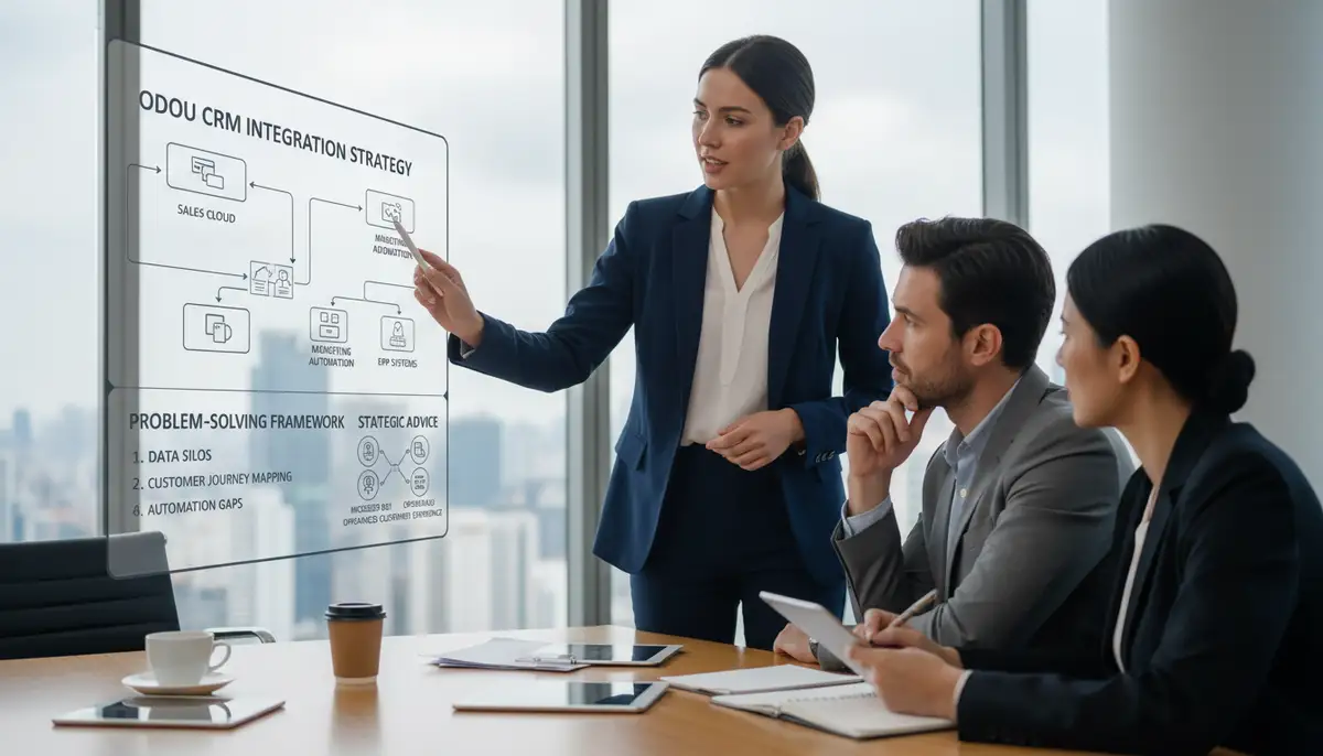 An Odoo consultant in a business setting, explaining complex CRM integration concepts to a client, with a focus on problem-solving and strategic advice.