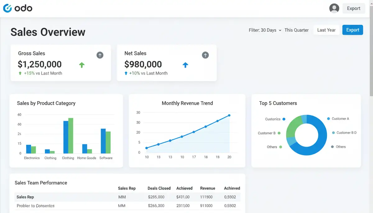 An Odoo dashboard screenshot showing key sales figures, including gross and net sales, with various charts and KPIs. Focus on a modern, user-friendly interface.