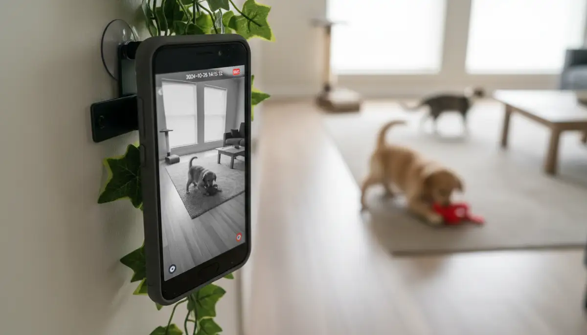 An older Android phone mounted discreetly in a corner, acting as a security camera, observing a pet playing in a room., high-quality photography, professional lighting, sharp focus, realistic, detailed