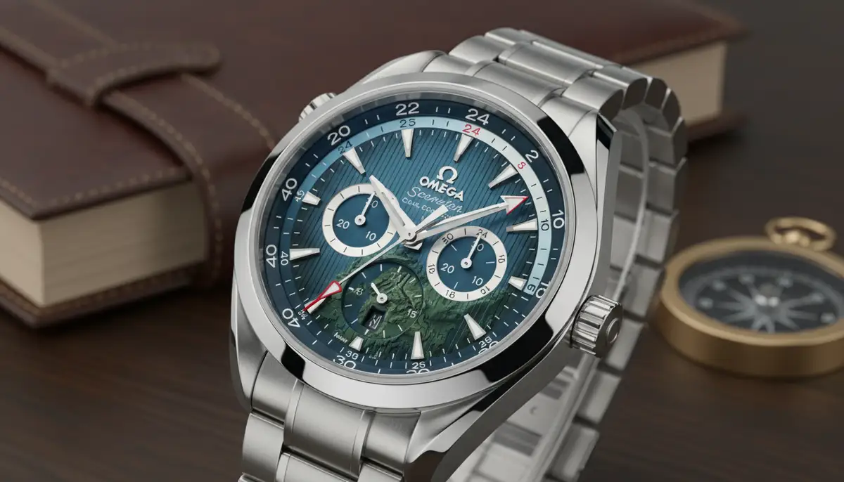 An OMEGA Aqua Terra GMT watch displaying multiple time zones, with a hand pointing to the GMT hand for emphasis., high-quality photography, professional lighting, sharp focus, realistic, detailed