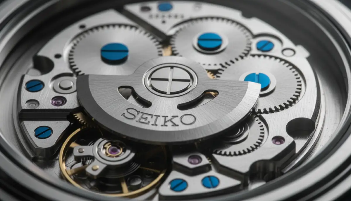 An open Seiko watch movement, showcasing intricate gears and the rotor, emphasizing the mechanical complexity., high-quality photography, professional lighting, sharp focus, realistic, detailed