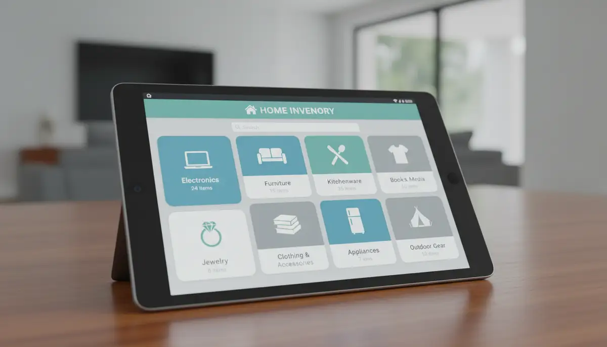 An organized digital dashboard of a home inventory app on an Android tablet, showing different categories like electronics, furniture, and jewelry with item counts., high-quality photography, professional lighting, sharp focus, realistic, detailed