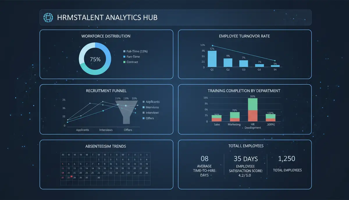 An organized digital dashboard showing various HR metrics, with graphs and charts, representing data centralization and analytics in an HRMS.