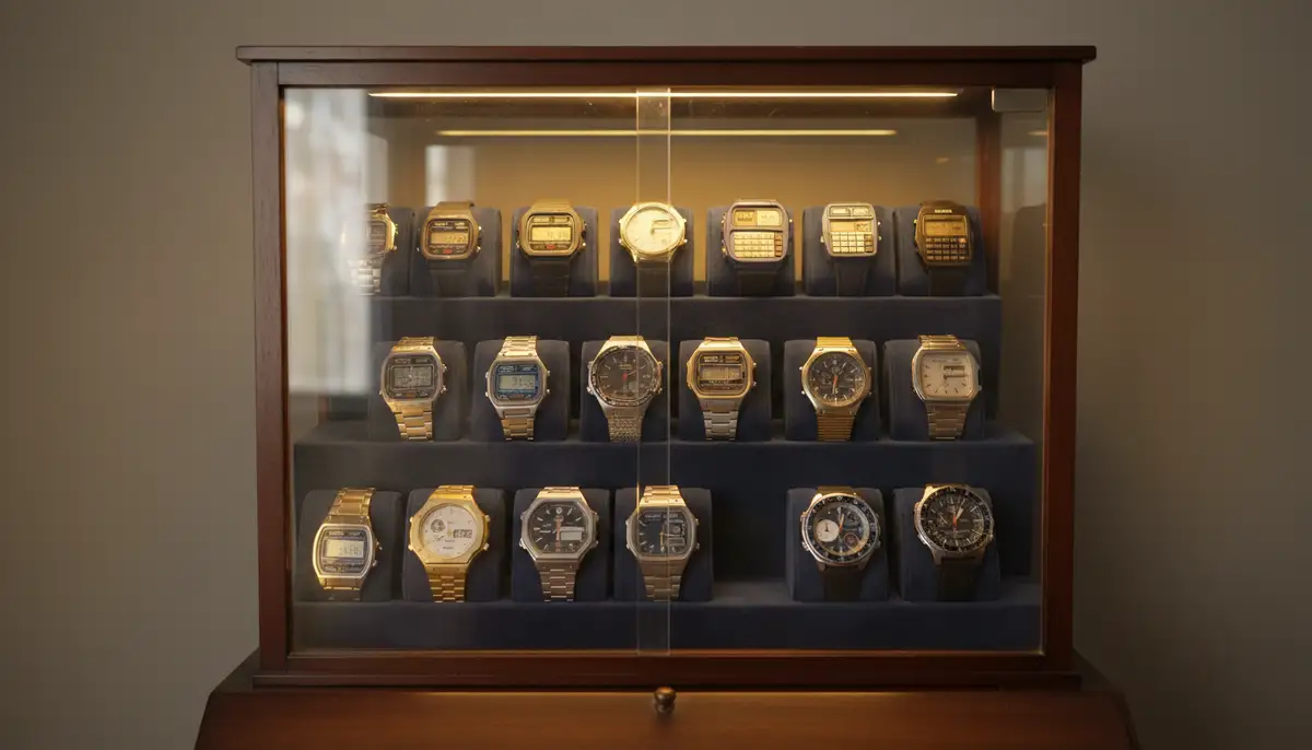 An organized display cabinet showcasing a diverse vintage Casio watch collection, including various digital and analog-digital models, with soft ambient lighting., high-quality photography, professional lighting, sharp focus, realistic, detailed