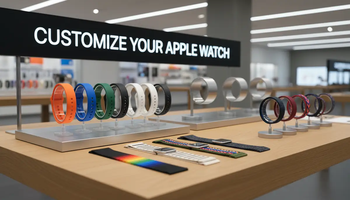 An organized display of various Apple Watch bands and loops, including Sport Bands, Sport Loops, Milanese Loops, and Braided Solo Loops, demonstrating the wide range of customization options., high-quality photography, professional lighting, sharp focus, realistic, detailed